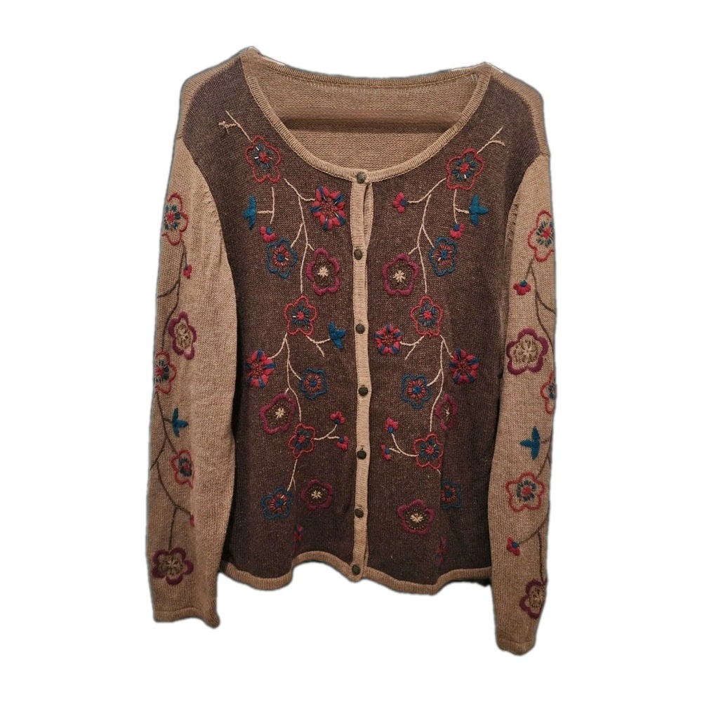 VTG Christopher Banks Colorblock Embroidered Beaded Button Cardigan RAMIE COTTON
